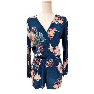 Lulus Teal Green Floral V Neck Faux Wrap Long Sleeve Romper Medium